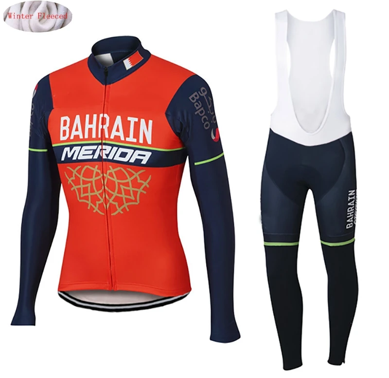 

Bahrain Merida 2018 Pro Team Winter Thermal Fleece Jerseys MTB Cycling Bib Pants Set Warm Jacket Clothes Road Bike Clothing
