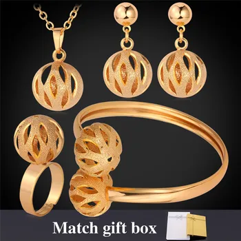 

Hollow Out Ball Pendant Necklace Bracelet Earrings Ring Wedding Set Gold Color Jewelry Sets For Women PEHR872