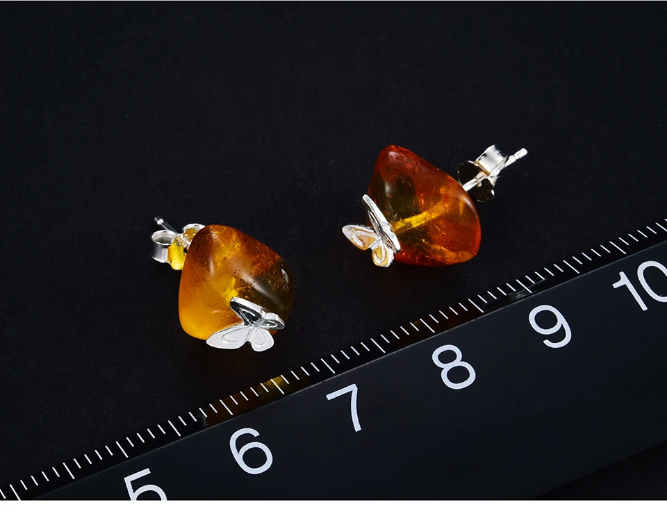 Muduh Collection Real 925 Sterling Silver Natural Amber Stone Handmade Designer Fine Jewelry Butterfly Stud Earrings for Women Brincos