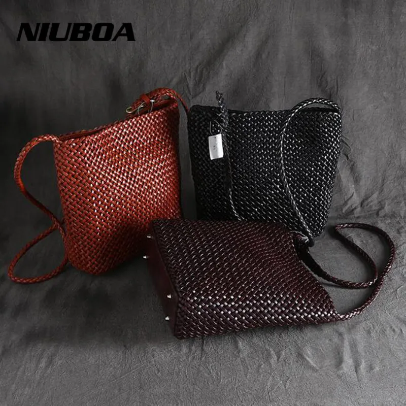 

NIUBOA Women Leather Messenger Bags a Main Cowhide Shoulder Bags Top Quality Manual Woven Female Crossbody Bag Ladies Designer