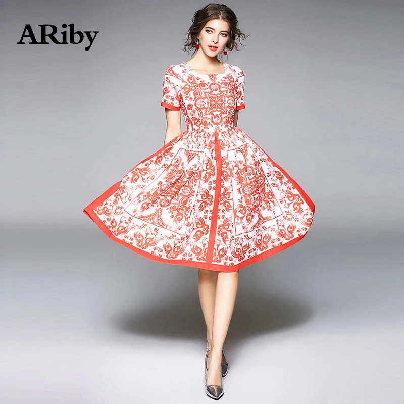 Women Dress 2019 New Spring/Summer Fashion Office Lady Temperament Printed Square Collar Short Sleeve Slim A-Line Dress Vestidos