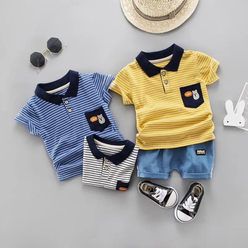 

Summer kid clothes Baby clothes for Boys Short Sleeve Striped Cartoon Print Tops T-shirt+Shorts Children Casual Sets 2019