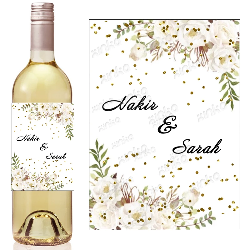 

Wedding Wine Labels, Gold Confetti , Flower Decoration, Wedding Gift, Custom wine Labels with name and date