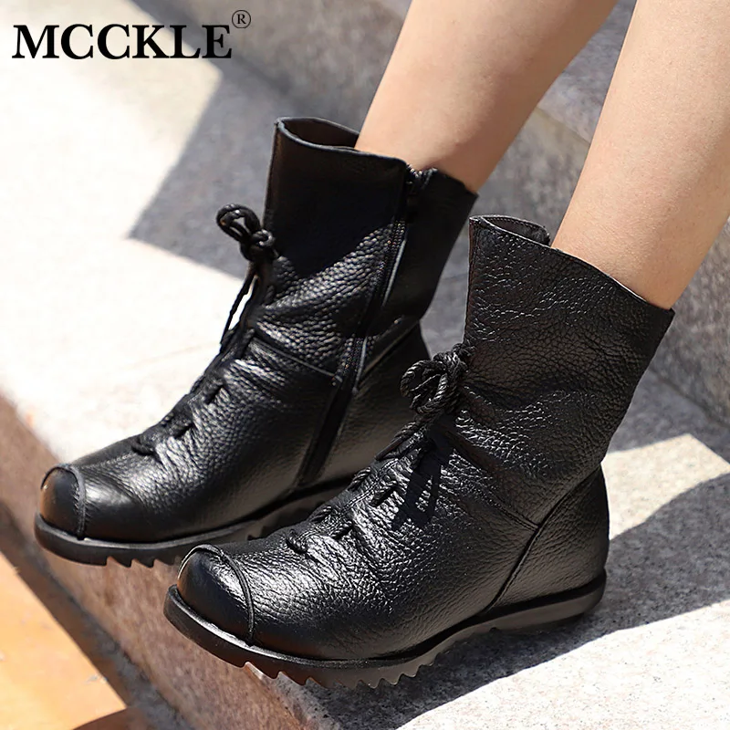 Najtaniej MCCKLE damskie botki Plus rozmiar jesienne buty na niskim obcasie platforma Casual kobieta krótki but koronka Up Fold buty damskie