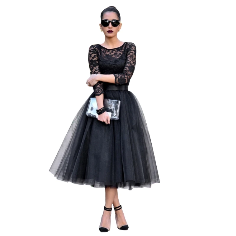 

Vintage Prom Dresses 2019 Black Lace Tulle Formal Party Gowns Plus Size Vestido De Gala Tea Length Prom Dress