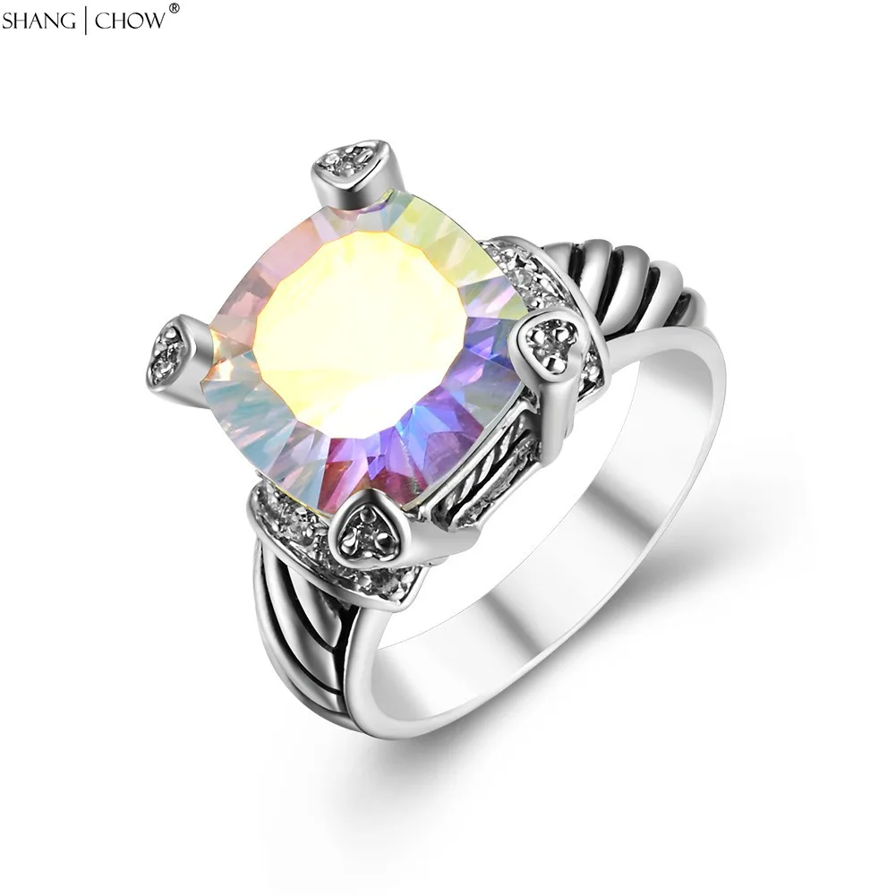 

Luxury Fashion Jewelry for women evening party Golden Around Rainbow Mystic 925 Sterling Silver Ring R1236