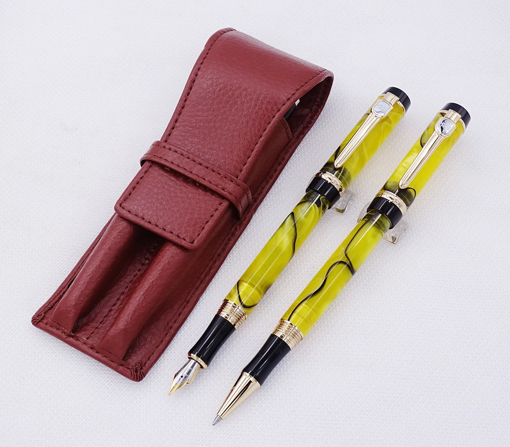 

Jinhao Century Series Yellow Celluloid Fountain Pen & Rollerball Pen with Real Leather Brown Pencil Case Washed Cowhide Pen Case