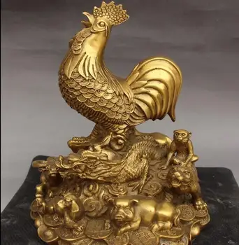 

8" Old Chinese Pure Bronze 12 Zodiac Year Rooster Chook Chicken Animal Statue