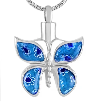 

MJD9526 Memorial Urn Jewelry Stainless Cremation Necklace for Ashes Waterproof Blue Murno Glass Butterfly