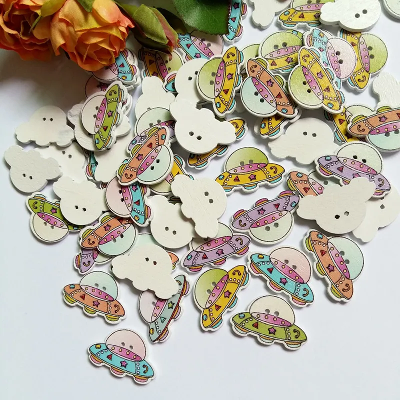 

20 or 50pcs Wooden buttons Crafts Kawaii spaceship 2 Holes Decorative Buttons Sewing Accessories Cabochons Scrapbooking 18x28mm