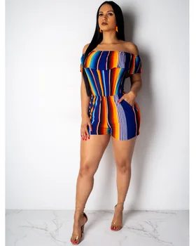 

UIDEAZONE 2019 New Arrival Summer Fashion Personality Color Stripe Contrast Color Shoulder Sleeveless Ruffled Short Jumpsuit