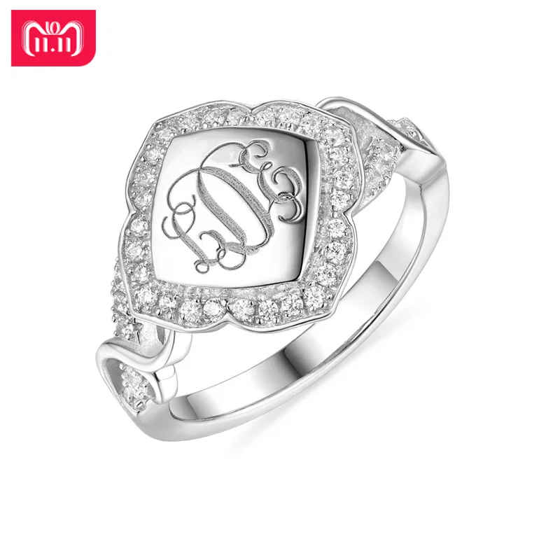 AILIN Personalized Women Flower Design CZ Initial Monogram Ring For Mother White Gold Color ...