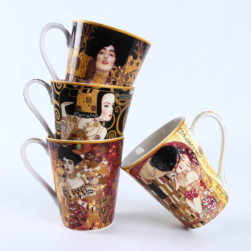 Креативная чашка для воды из костяного фарфора, знаменитая картина маслом, художественная кофейная чашка, керамика, кружка для молочного кафе, 410 мл, рукоять, поцелуй