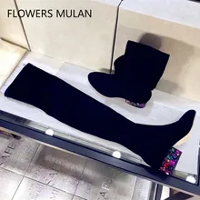 Роскошные красочные стразы женские ботфорты выше колена на природе замша кожа круглый носок повседневная обувь на низком каблуке Для женщин ботинки с высоким голенищем