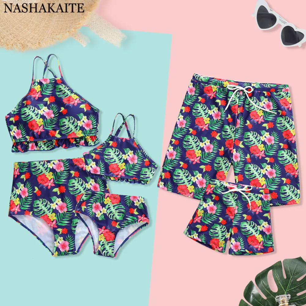 

NASHAKAITE Swimsuit Mother Daughter Floral Print Criss Cross Bikini Set Summer Holiday Family Matching Swimwear Men Boys Shorts
