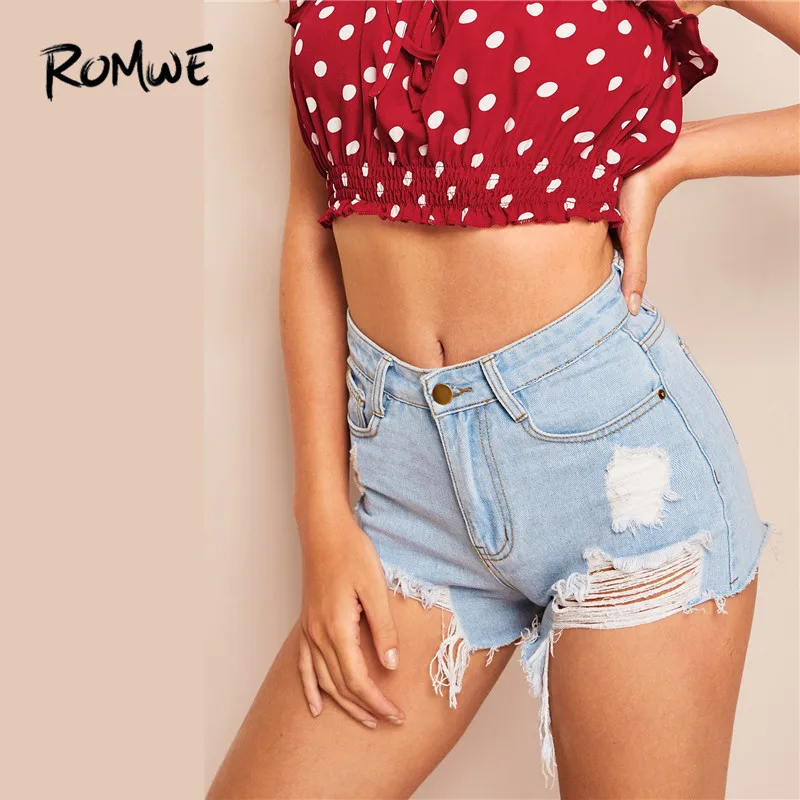 

ROMWE Blue Streetwear Hole Frayed Hem Mid Waist Women Denim Shorts Summer Destroyed Ripped Bleach Wash Zipper Fly Mini Shorts