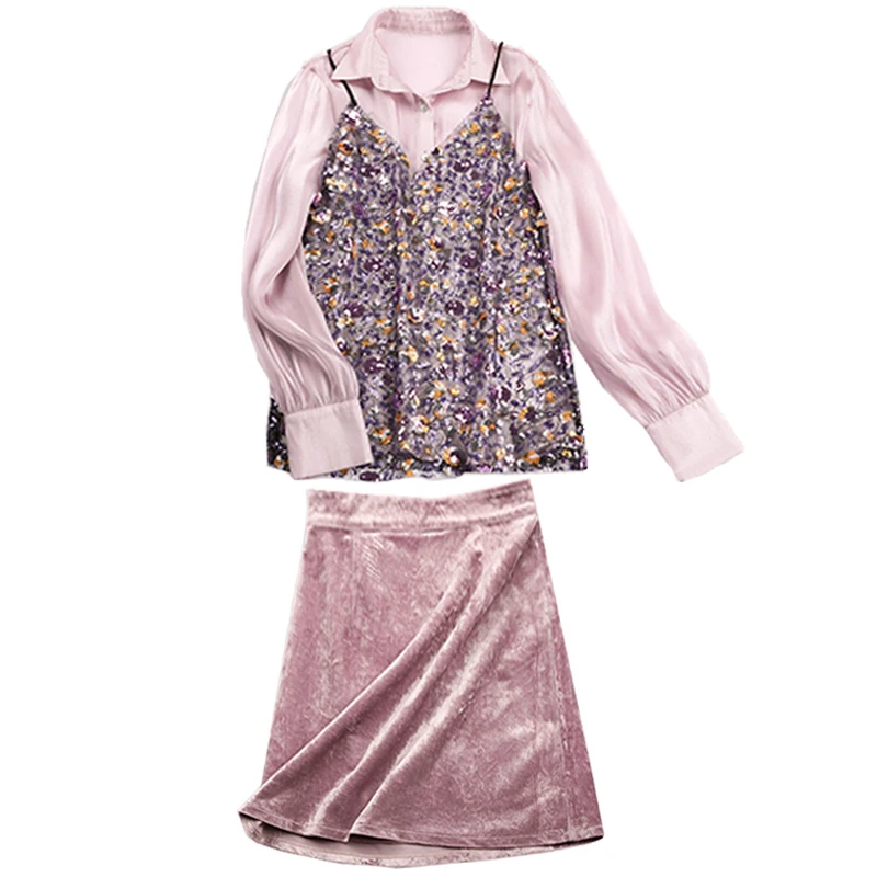 

PERHAPS U purple green set turn down collar button long shirt sequined sling velvet mini skirt three pieces T0171