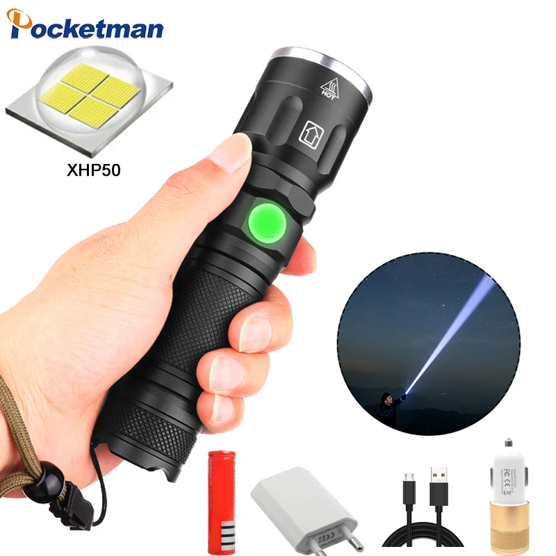 

50000lm Super bright XHP50 LED Flashlight 5lighting modes Zoomable Torch Use 18650 or 26650 battery for outdoor adventures