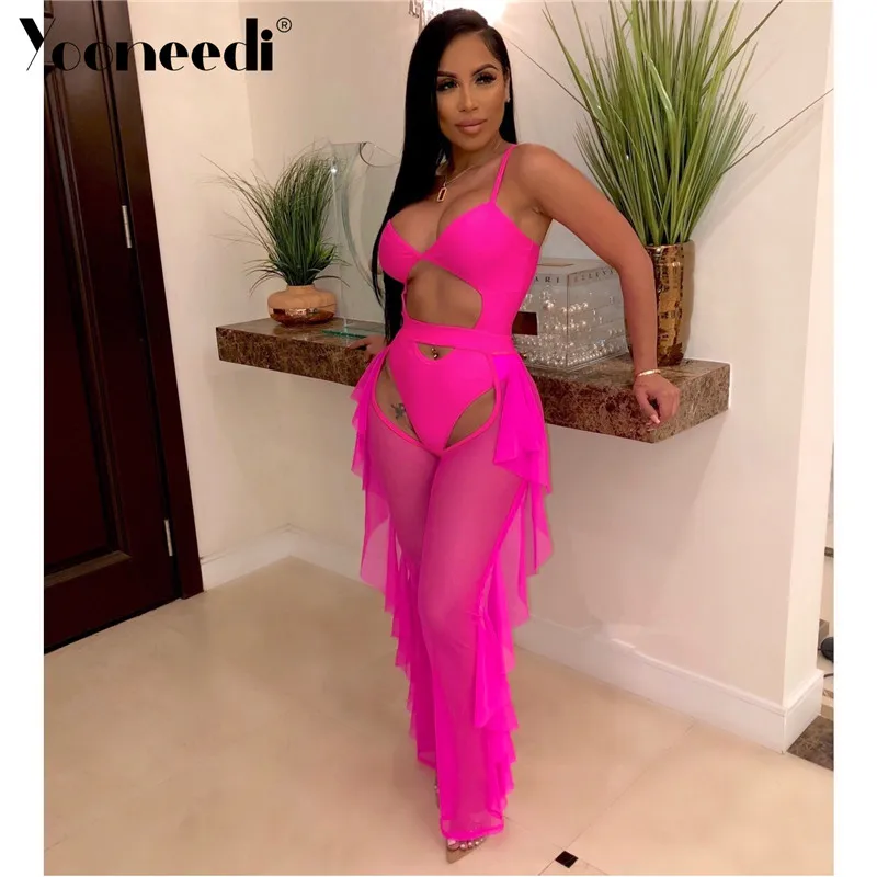 

Yooneedi 2019 Summer New Arrival Sexy 2 piece Women Set 6 Color Solid Bodysuits With Ruffles Long Pants SFY-018