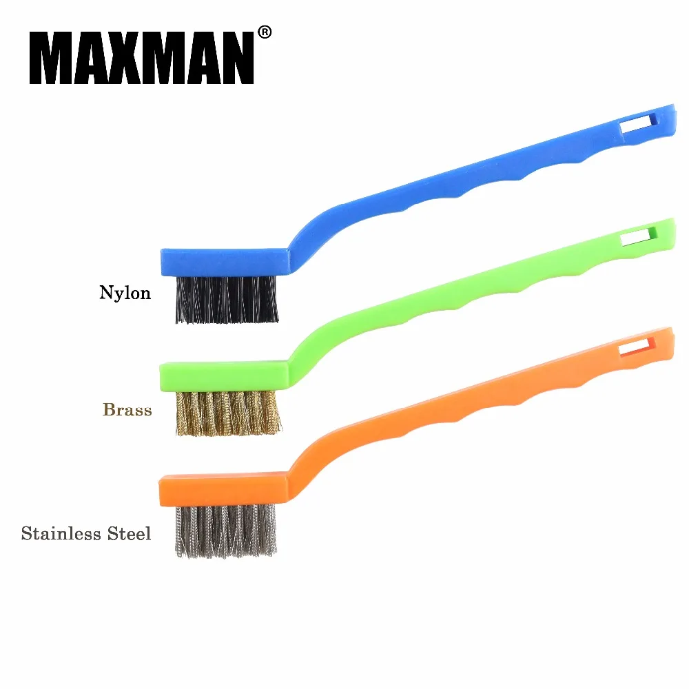MAXMAN 3x7 Row 7" 3pcs Brush Set Stainless Steel & Brass & Nylon Brushes with Plastic Handle