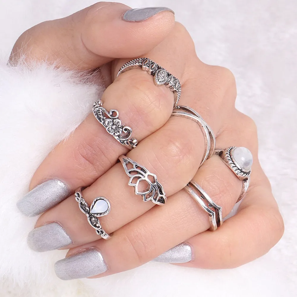 Vintage 7pcs Hollow Carved Boho Finger Knuckle Ring Band Pearl Midi