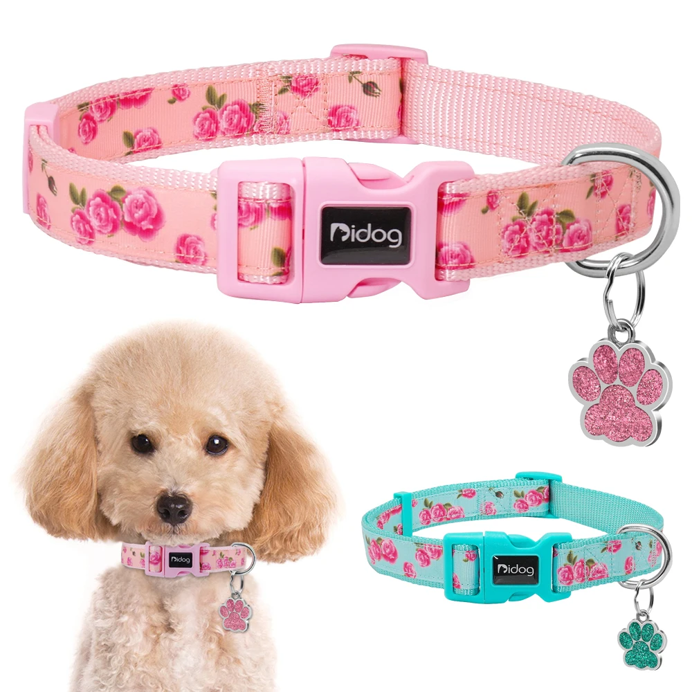 

Fashion Custom Dog Collar with Id Tag Floral Dogs Chihuahua Collar Print Pet Collars Engraved Name ID For Small Medium Large Dog