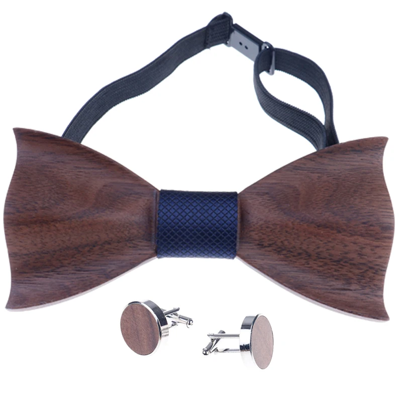 NEW Wooden Tie Pocket Square Cufflink Wood Bow Tie Men Accessories Wedding Fashion Wooden Bow Ties Set Wholesale