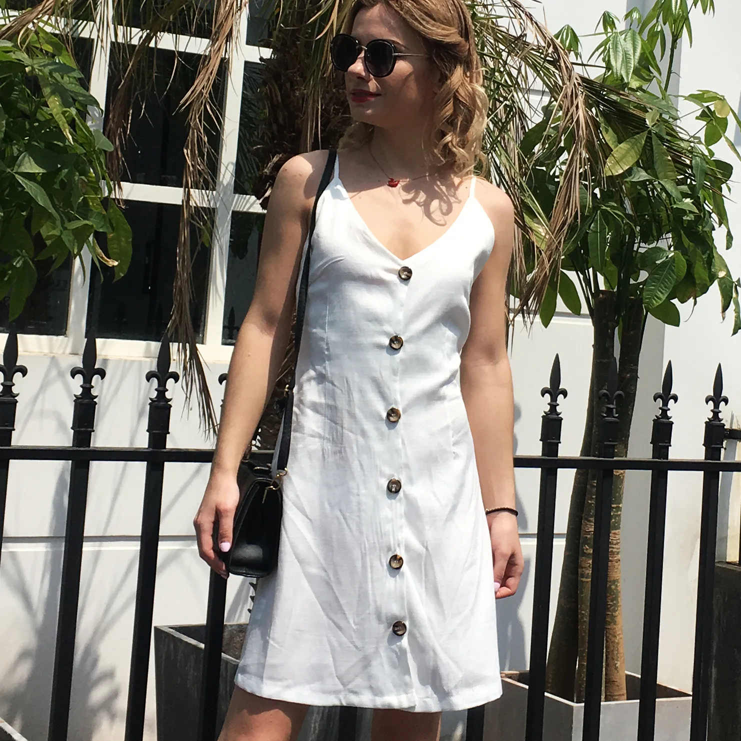 

2019 New Solid Color Sexy Sling V-neck Back Strap Single-breasted Beach Dress Cotton Summer SA-95
