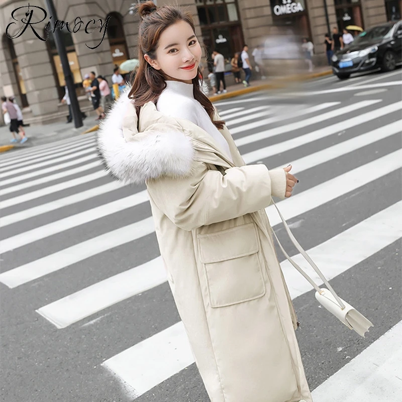 Rimocy 2018 winter women hooded fur collar ladies warm