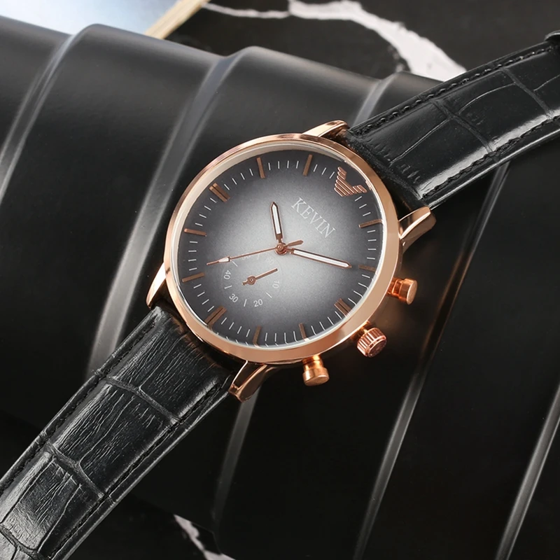 

Fashion KEVIN Gradient Gray Dial Men Women Simple Small Seconds Analog Round Dial Quartz Wrist Watch Leather Relogio Masculino