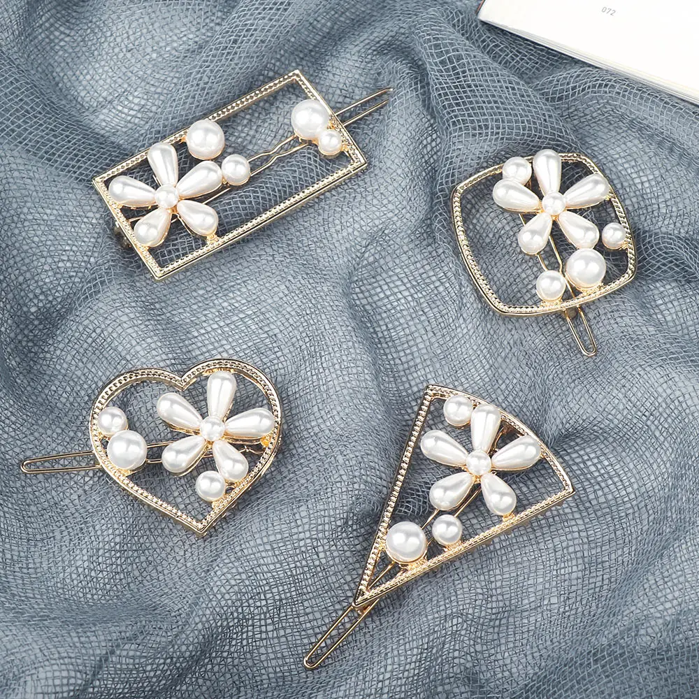 

Vintage Fashion Women Metal Pearl Flower Hair Clips Girls Gold Geometry Round Square Oval Hairpin Hair Jewelry Accessories
