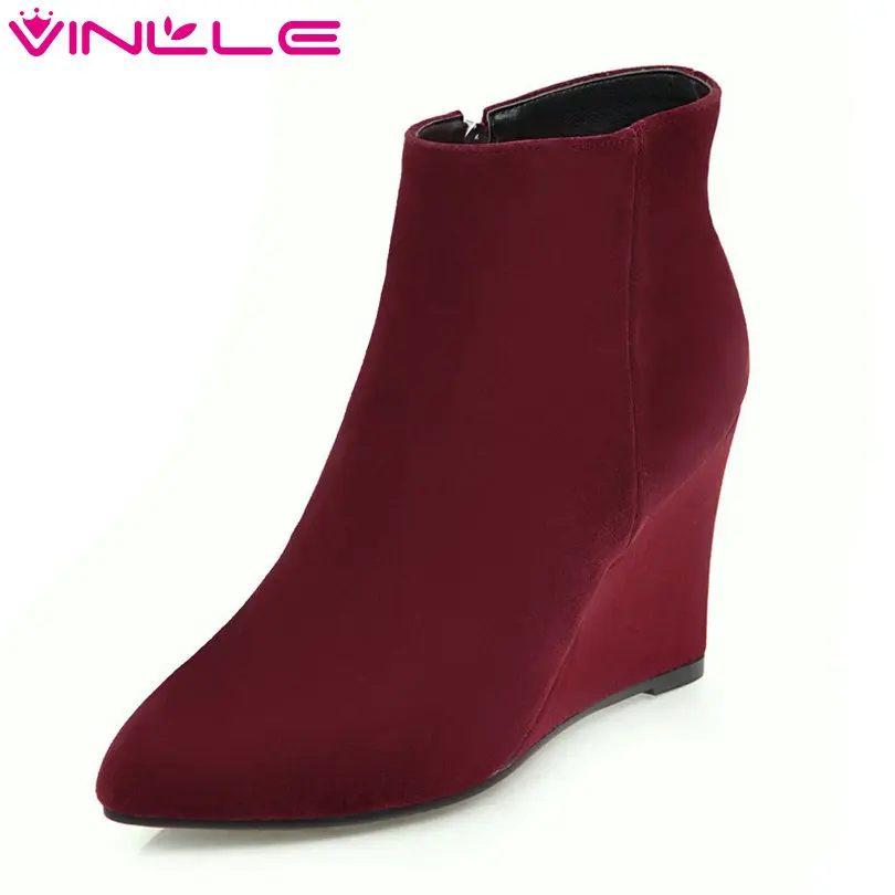 VINLLE 2020 Women Winter Boot Ankle Boots Wedge High Heel Scrub Pointed