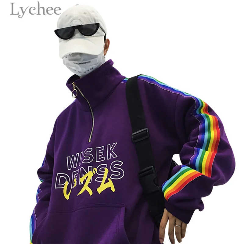 Lychee Harajuku японский Радуга полоса молния женский свитер флис с длинным рукавом
