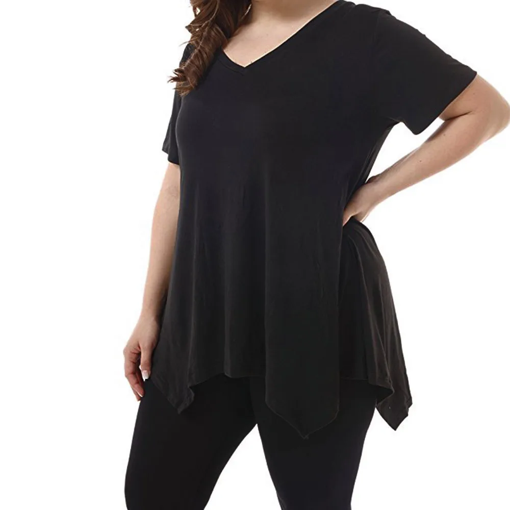 

Summer Women Loose T Shirt 2019 Short Sleeve V-Neck Irregular Hem Tops Women Solid Casual Tee T-Shirt Tops Large Size