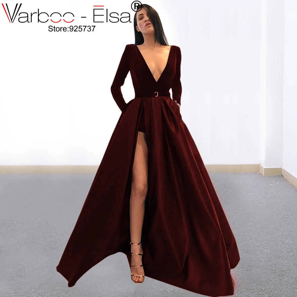 VARBOO_ELSA сексуальное вельветовое платье с длинным рукавом и глубоким v образным