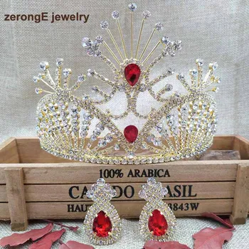 

zerongE jewelry 4.1" New Women gold Red Tiara Austrian Rhinestone Hairwear comb crown with matching earring