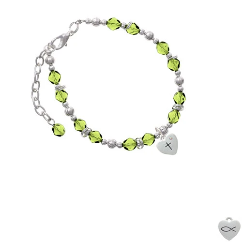 Silvertone Small Heart with Cross & Fish with Crystal Lime Green Beaded Bracelet