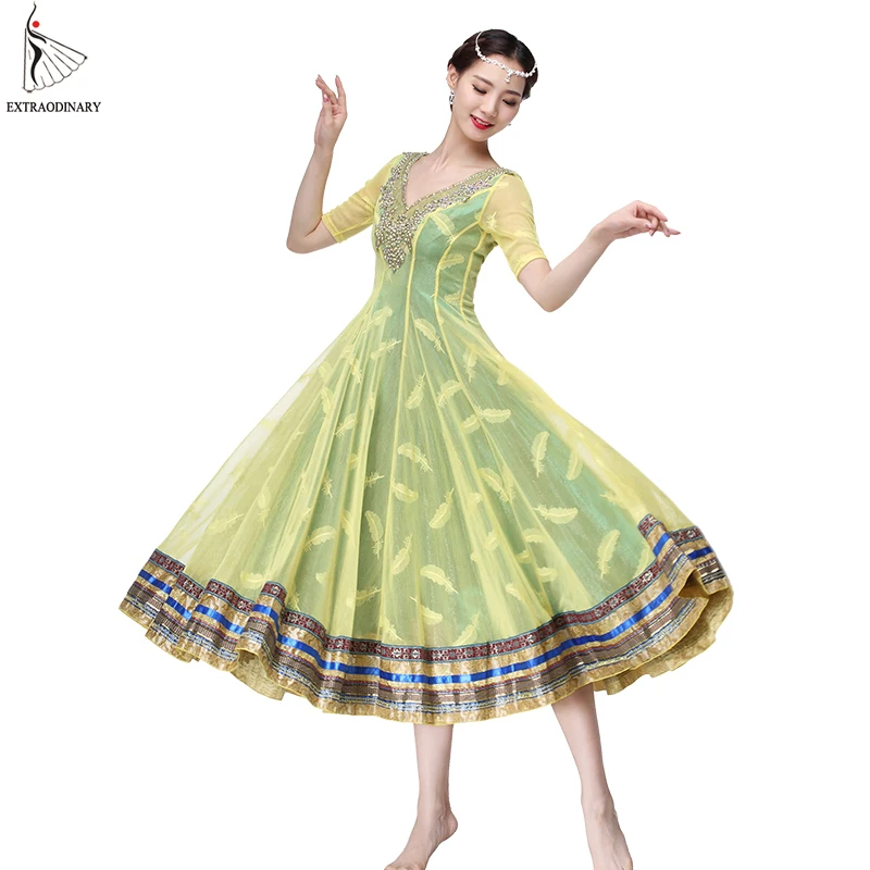 

New Bollywood Dance Costumes Women Belly Dance Skirts Backless Sleeve Long Skirt 360 Degrees Indian Bellydance Performance