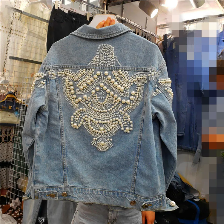 discount Vintage Women Jean Jacket Pearls Beading 2019 Spring Long Sleeve Pockets Denim Jackets Women Loose