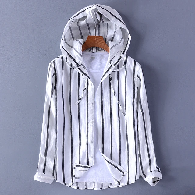 New designer men's hooded cotton and linen casual striped shirt loose  fashion trend stripe brand shirts