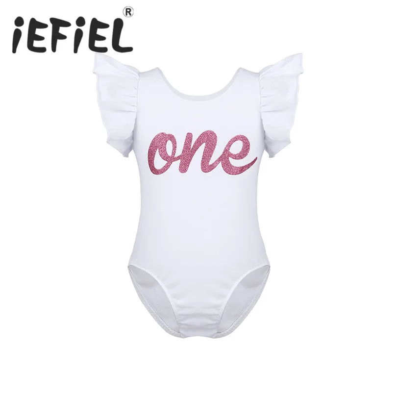 

New Arrival Newborn Infant Baby Girls Ruffled Cap Sleeves Glittery Letters One Printed 1st First Birthday Party Romper Jumpsuit