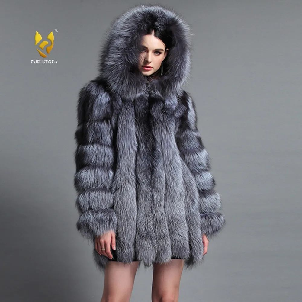 Fur Story 151216 New Design Top Luxury Finland Fox Fur Coat with Hood