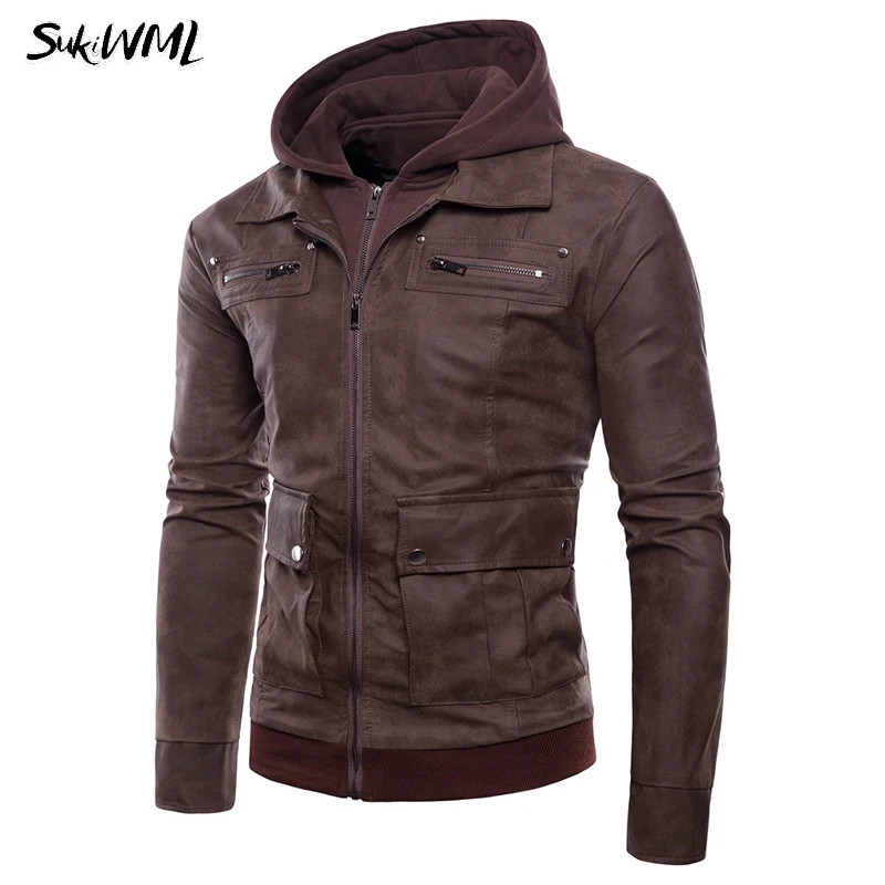 2018 Automne Outwear Coffee black Zipper Vestes Pièces Capuchon Veste Mens En Sukiwml Deux D'hiver Pu Hommes Manteaux Cuir Faussaire Chaud À 5j3RLSc4Aq