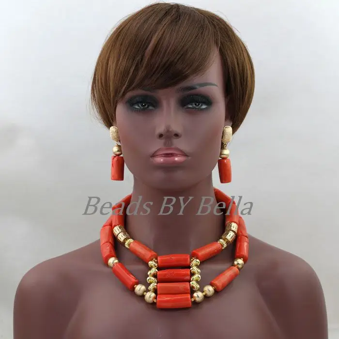 Hot Latest Beads Jewellery Coral Bridal Necklace Set African Fashion Jewelry Sets For Women Real
