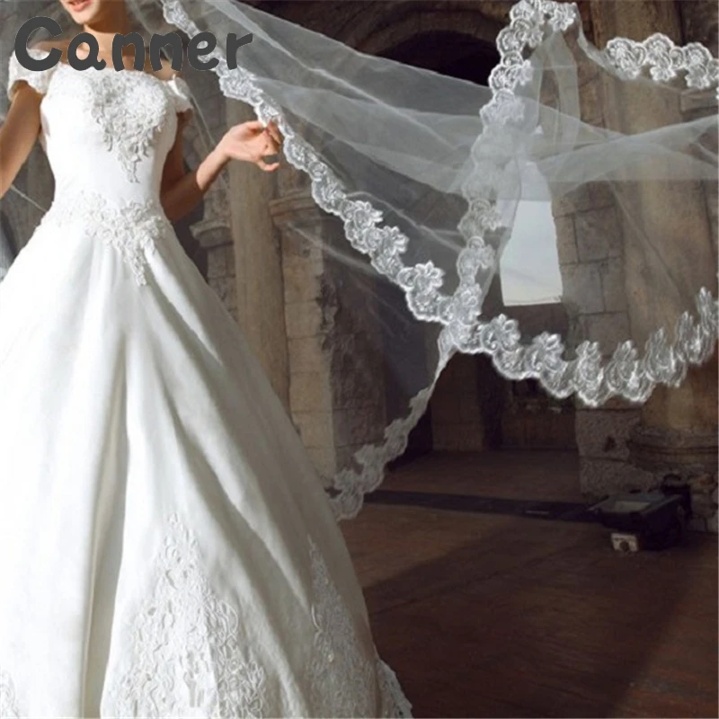 Women 150CM One Layer Lace Edge Wedding Veil Ivory One Layer Long Bridal Veil Lace Edge Wedding Accessories Veu de Noiva Gift A4