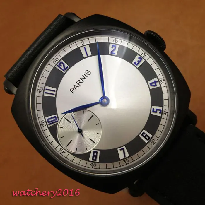 

Hot 44mm parnis white dial Leather strap Blue Mark 17 jewels 6497 movement Hand Wind Mechanical Men's Wristwatches