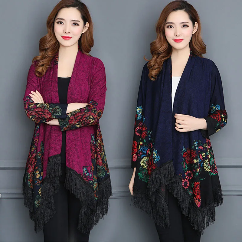 Весенний женский винтажный вязаный свитер размера плюс L-7XL с кисточками корейский Свободный кардиган с принтом женская модная шаль