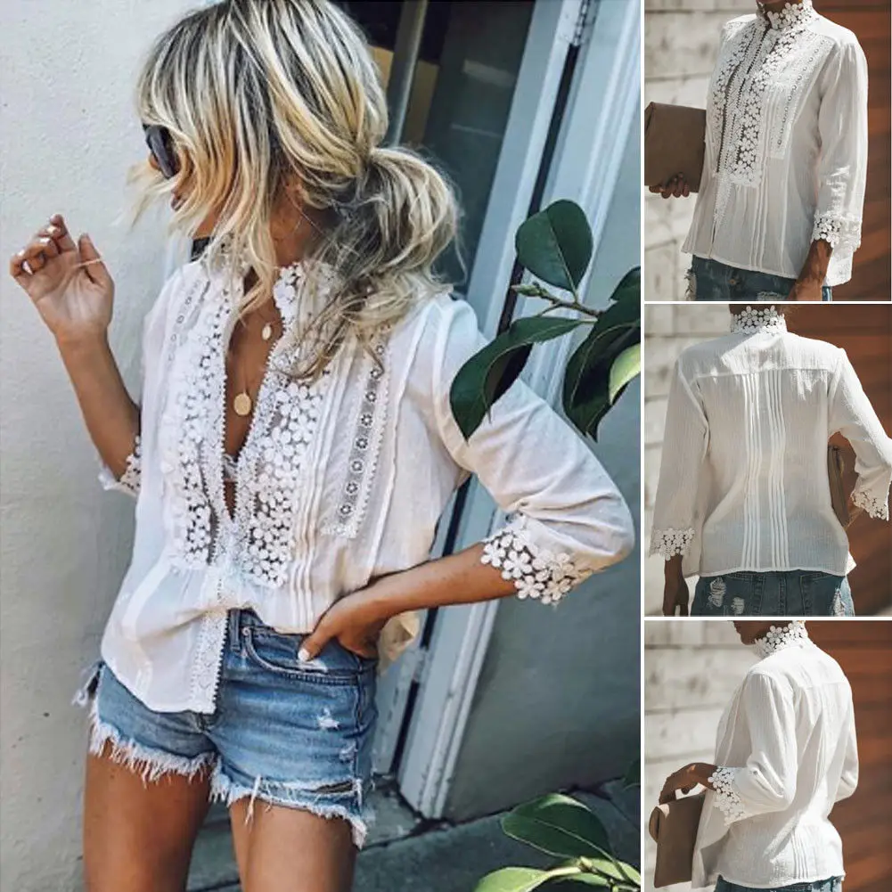 

New Fashion Women Summer Loose Casual Chiffon Lace T Shirt Tops Lady Long Sleeve V Neck Hollow Out Tee Shirt