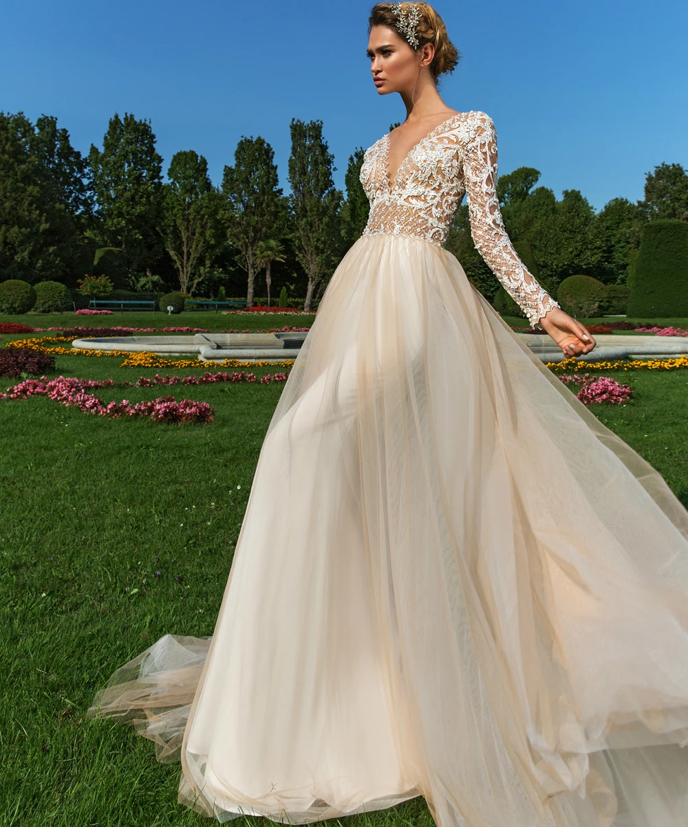 

Beautiful New Wedding Dress 2019 V-neck Long Sleeves A-Line Chapel Train Lace Tulle Bridal Gowns Vestido de noiva longo