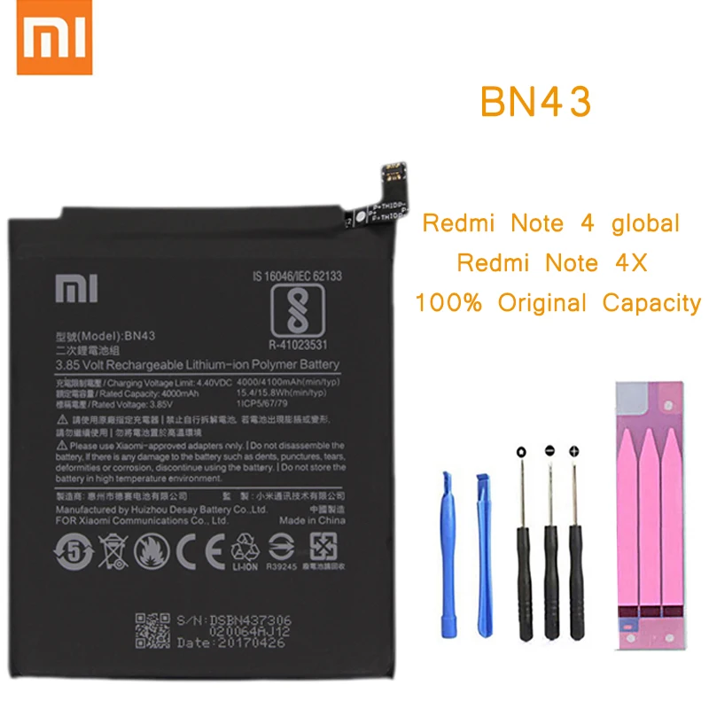 

Original Phone Battery for Redmi Note 4X 3G+32GB Battery Xiaomi hongmi Note 4 Global BN43 Replacement Batteries Red rice bateria